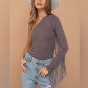 Blue B. One-Shoulder Fringe Sleeve Bodysuit - Purple/Gray Sz L